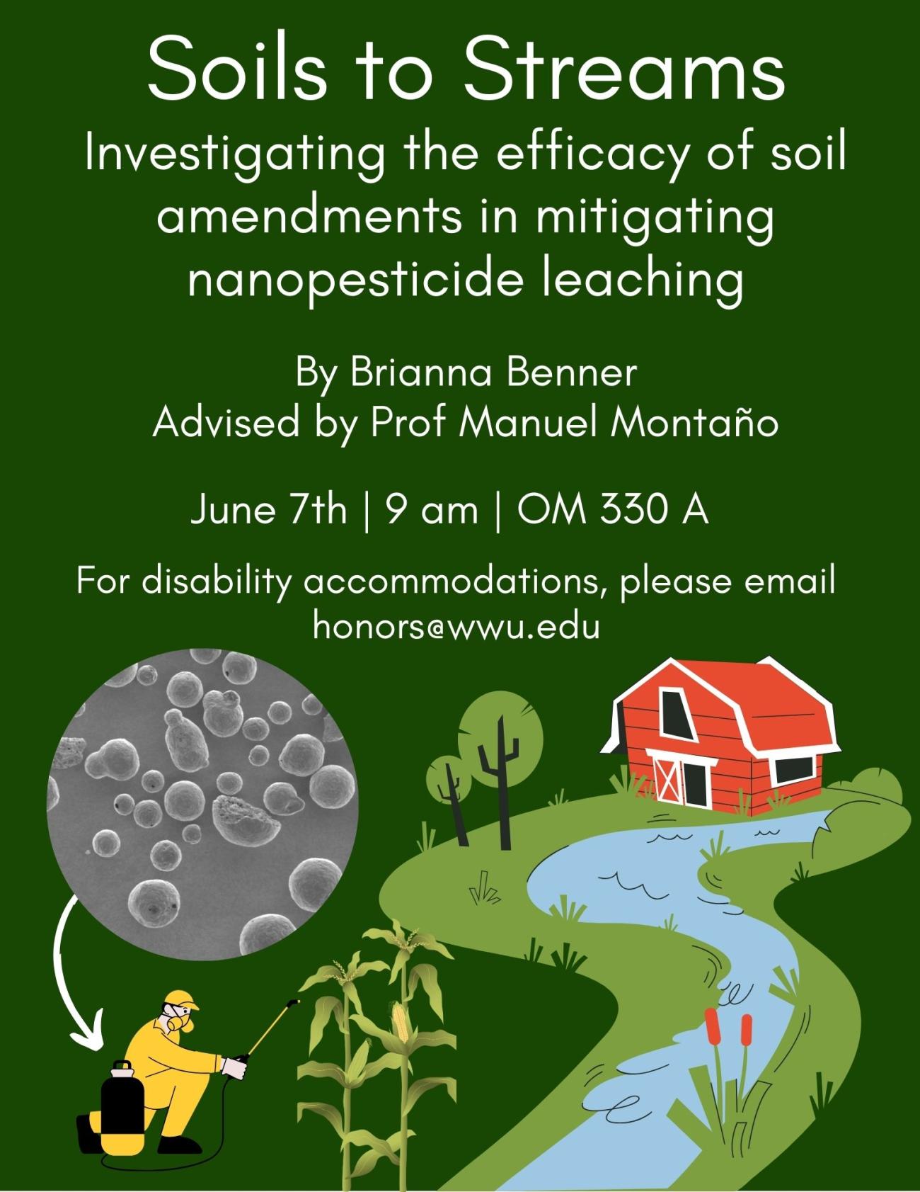 Green background with containing an illustrated farm and stream, next to which someone is applying pesticides on a plant. Above the pesticide tank is an SEM image of a copper-based nanopesticide. Text reads "Soils to Streams: Investigating the efficacy of soil amendments in mitigating nanopesticide leaching. By Brianna Benner, Advised by Prof Manuel Montaño. June 7th, 9 am, Old Main 330A. For disability accommodations, please email honors@wwu.edu."