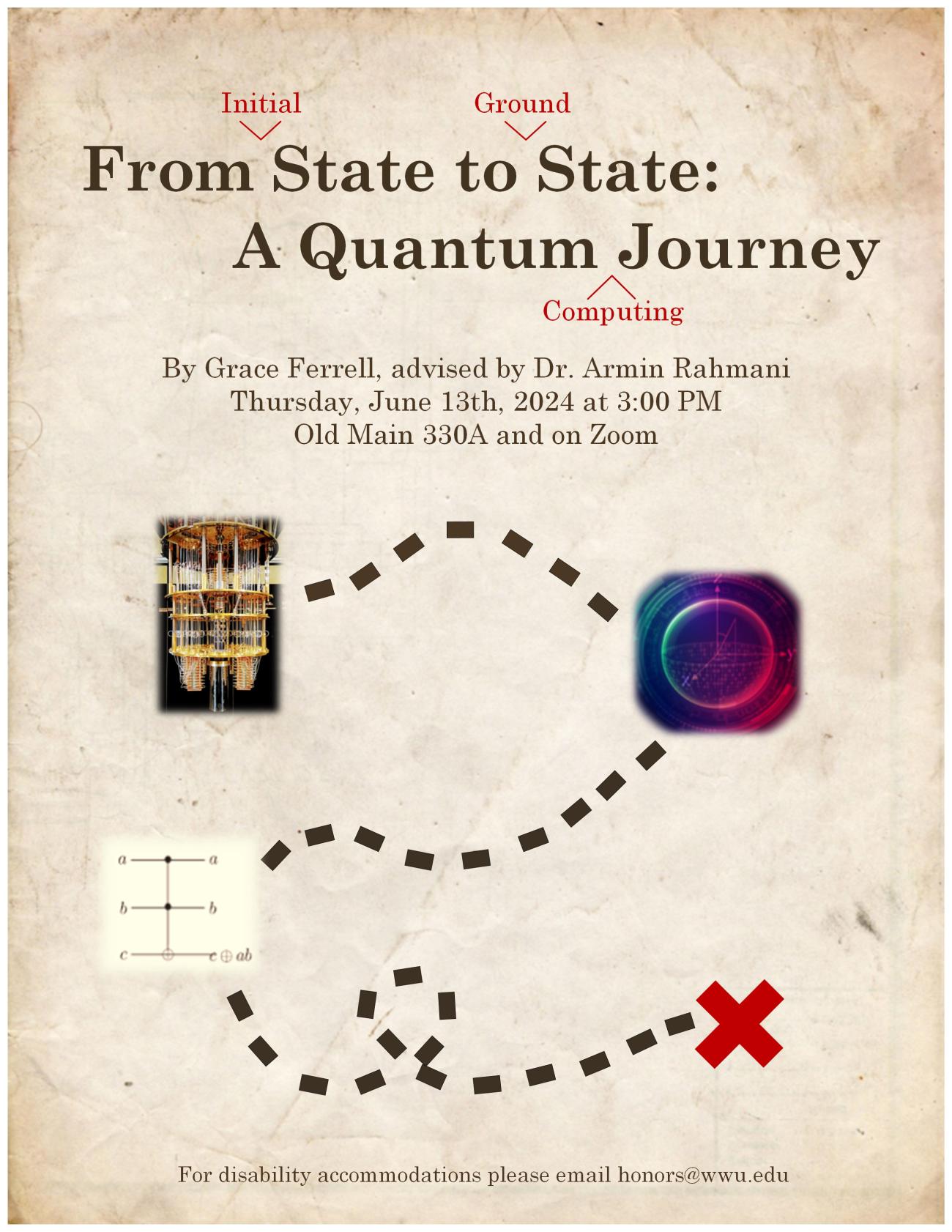 Poster formatted to look like an old map with dashed lines connecting images of a quantum computer, qubit, and a mathematical representation of a quantum gate that lead to a red x.  Text reads “From Initial State to Ground State: A Quantum Computing Journey.  By Grace Ferrell, advised by Dr. Armin Rahmani.  Thursday, June 13th, 2024.  3:00 PM.  Old Main 330A and on Zoom.  For disability accommodations please email honors@wwu.edu.”
