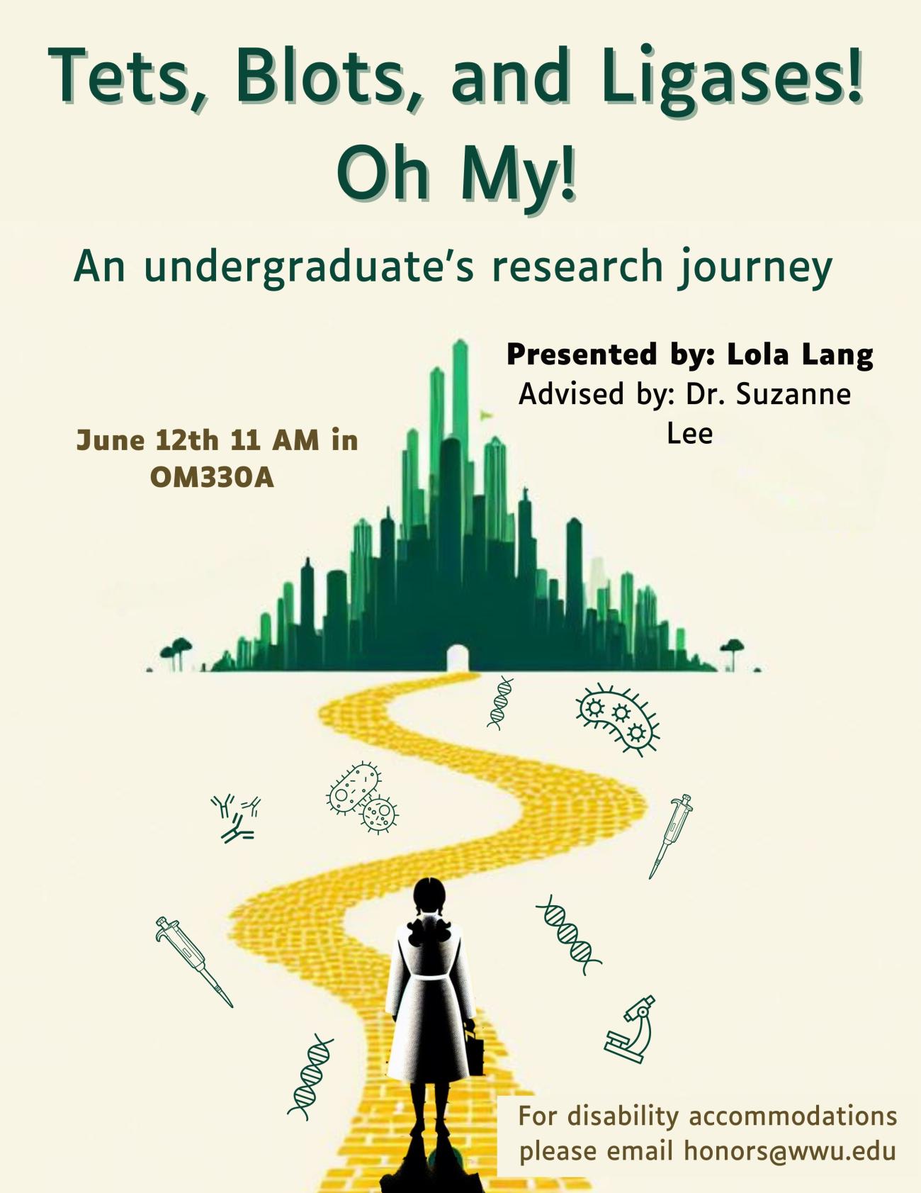 A tan background features a yellow brick road leading to an outline of the Wizard of Oz. A silhouette of Dorothy, in a lab coat, stands at the road's start. The path includes pipettes, DNA, antibodies, cells, and a microscope. Text reads “Tets, Blots, and Ligases! Oh My! An undergraduate’s research journey. Presented by Lola Lang, Advised by Dr. Suzanne Lee. June 12th 11 AM in OM330A. For disability accommodations please email honors@wwu.edu”