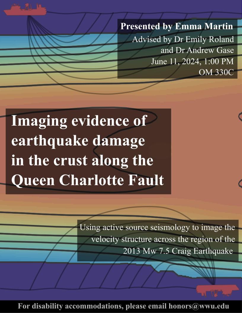 Two small, rose colored ships sit at the top and bottom with curved lines extending from the ships down and back to a straight line extending out the back of the ships. Text reads "Imaging evidence of earthquake damage in the crust along the Queen Charlotte Fault. Using active source seismology to image the velocity structure across the region of the 2013 magnitude 7.5 Craig Earthquake. Presented by Emma Martin. Advised by Dr Emily Roland and Dr Andrew Gase. June 11th, 2024, 1:00 PM, OM 330C.