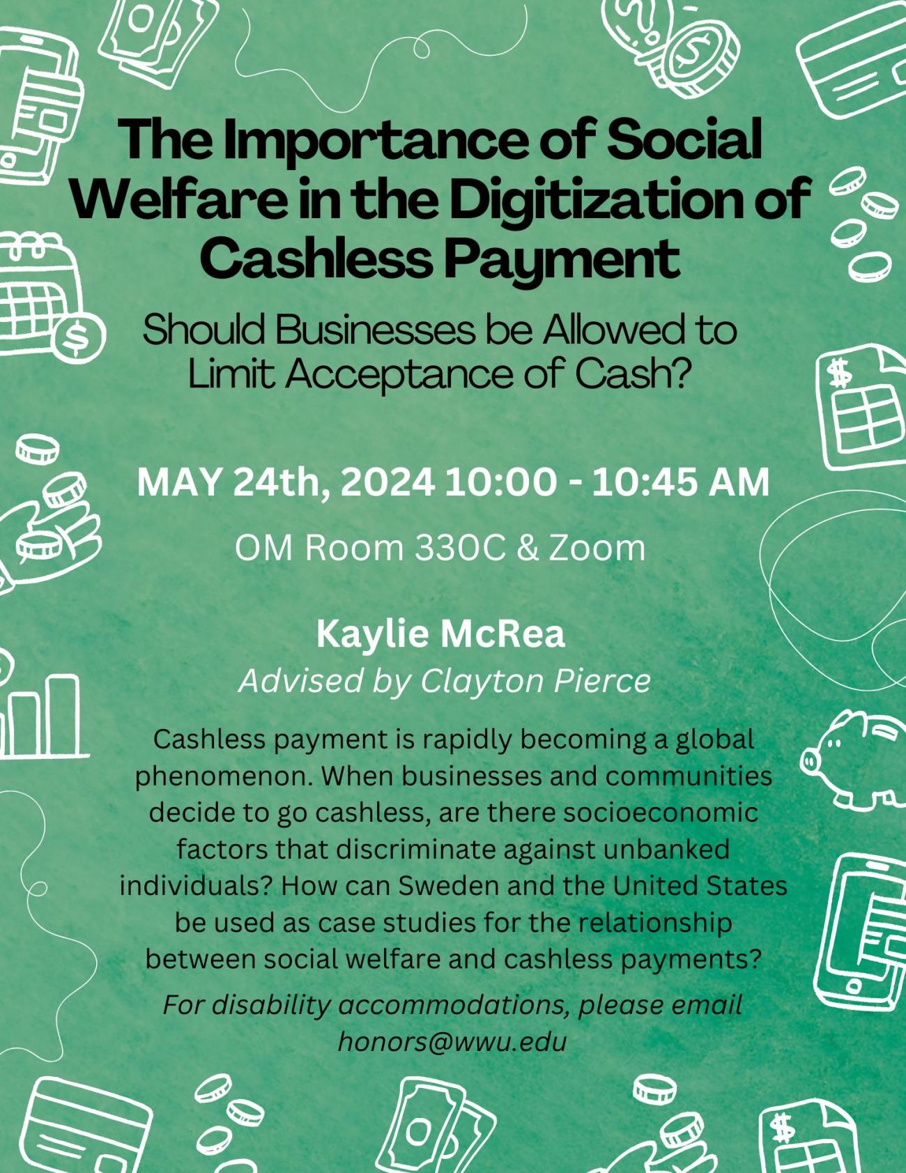 Green background with various white icons of credit cards, coins, cash, and budget sheets. Black and White text layered on Green background, centered on the page. "The Importance of Social Welfare in the Digitization of Cashless Payment"