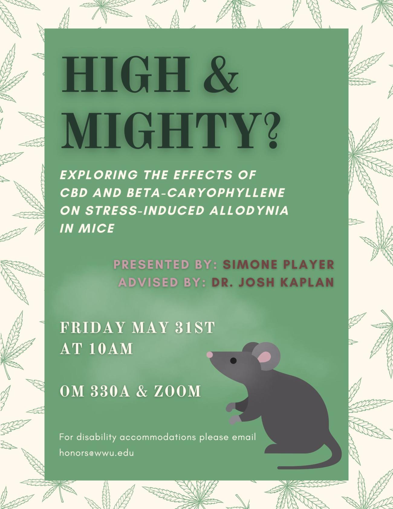 Alt Text: A green and white poster with cannabis leaves in the background. A cartoon mouse is depicted in a haze of smoke. The text reads "High and Mighty? Exploring the effects of CBD and beta-caryophyllene on stress-induced allodynia in mice. Presented by: Simone Player. Advised By: Dr. Josh Kaplan. Friday May 31st at 10am. OM 330A & Zoom. For disability accommodations, please email honors@wwu.edu”.