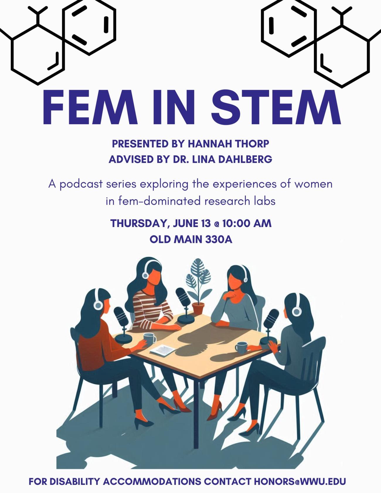 4 women sitting around a table with microphones. Organic molecules are featured at the top of the page against a white background. Text reads, "Fem in STEM. Presented by Hannah Thorp, advised by Dr. Lina Dahlberg. A podcast series exploring the experiences of women in fem-dominated research labs. Thursday, June 13 at 10:00 am. Old Main 330A. For disability accommodations contact honors@wwu.edu."