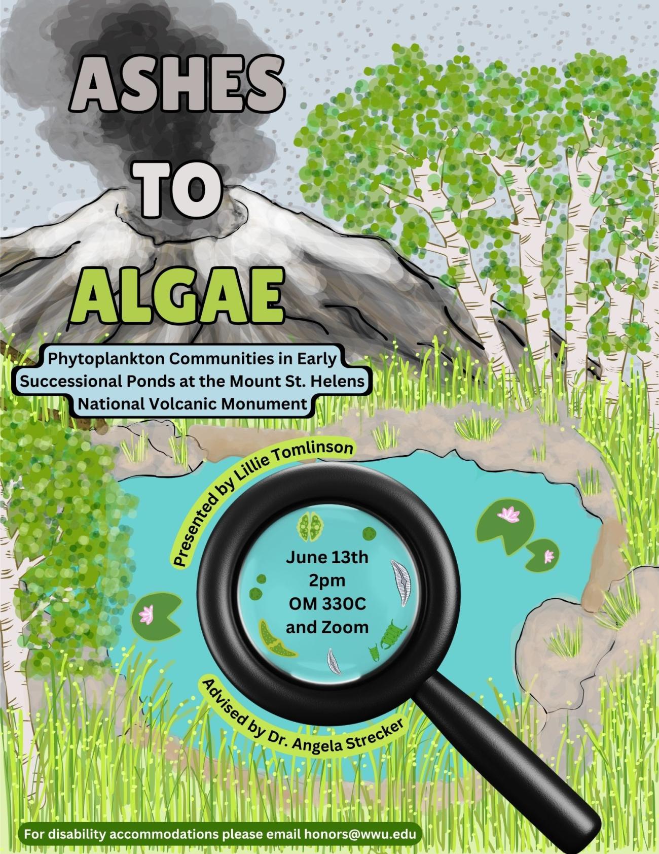 Illustration of a pond and alder trees in a meadow. A large black magnifying glass over the center of the pond and shows phytoplankton and text. In the background of the illustration, Mount St. Helens is shown erupting with a large grey plume of smoke. Text reads “Ashes to Algae: Phytoplankton Communities in Early Successional Ponds at the Mount St. Helens National Volcanic Monument. June 13th, 2pm, OM 330C and Zoom. For disability accommodations, please email honors@wwu.edu.”