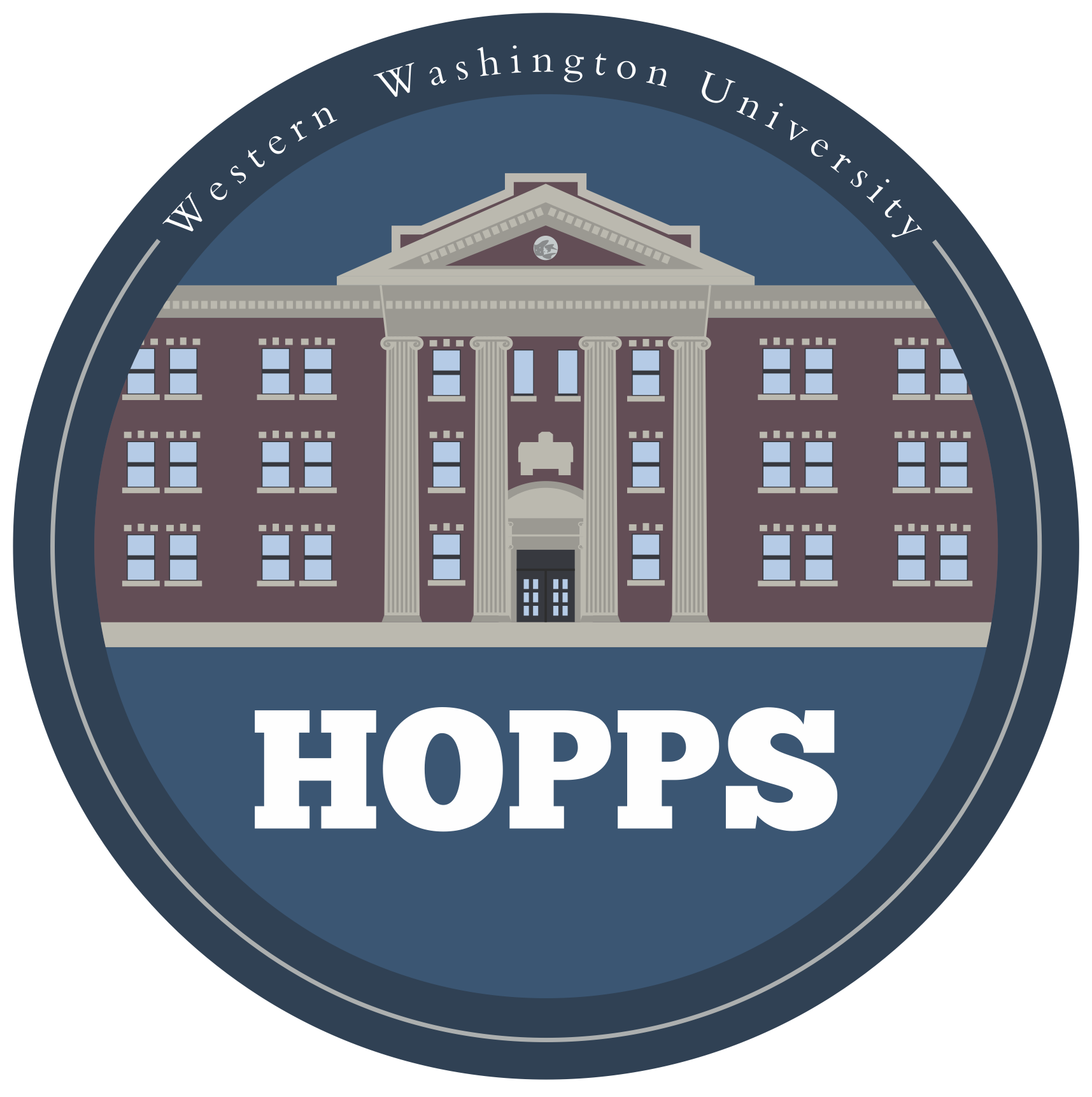 Graphic of Edens Hall encompassed in a blue circle with the text "Western Washington University" at the top and "HOPPS" at the bottom