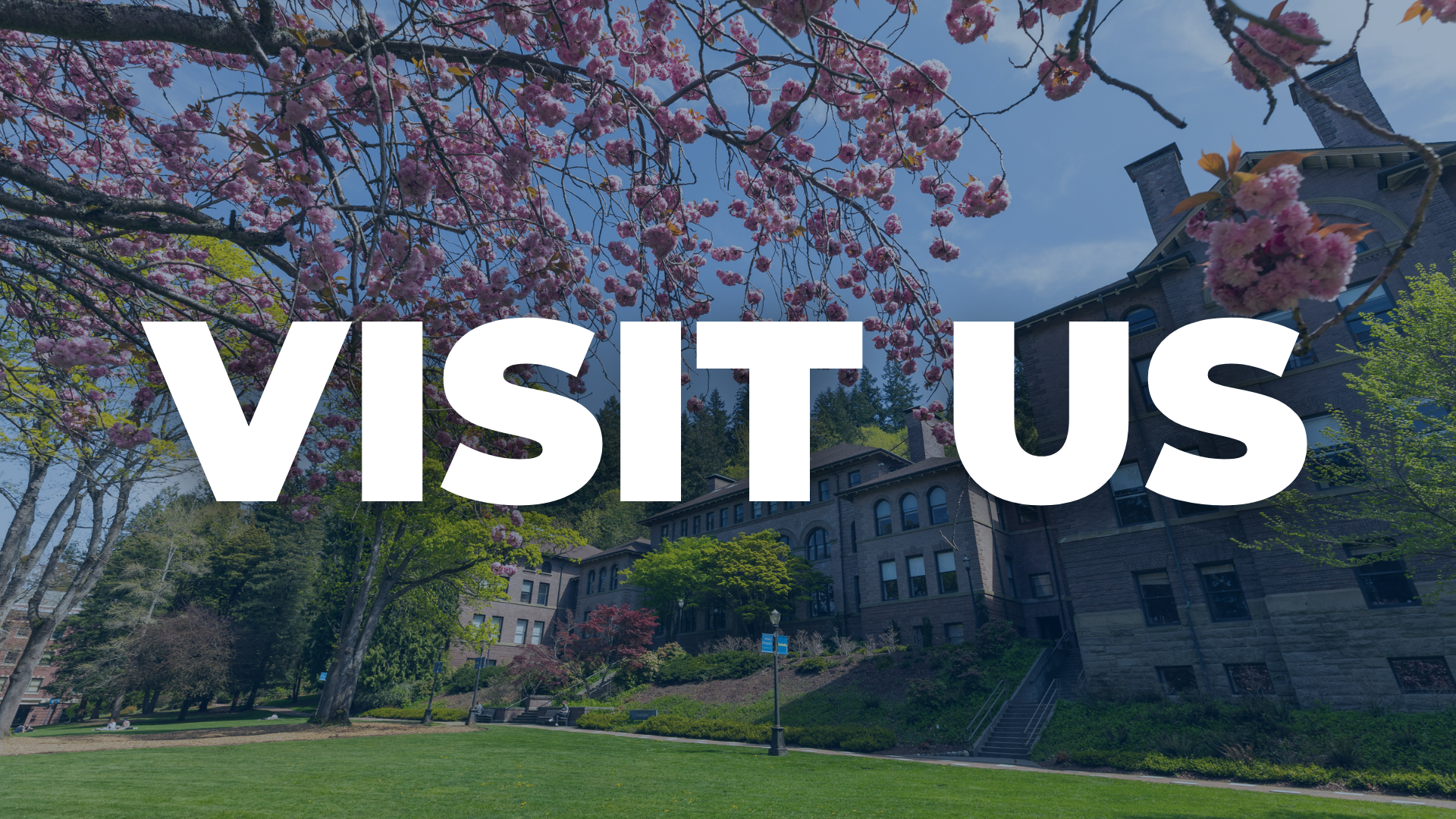 Text reads "Visit Us" on top of a photo of Old Main on WWU's campus