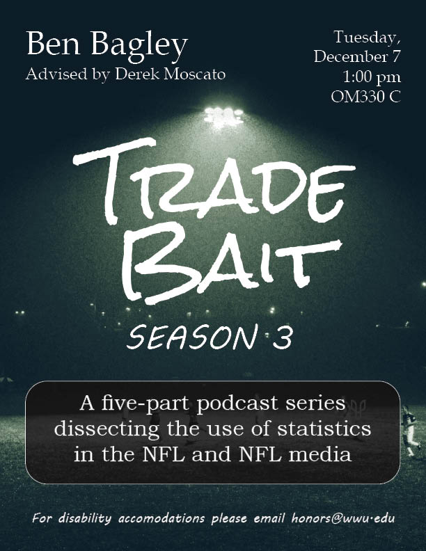 Trade Bait Season 3: A five-part podcast series dissecting the use of statistics in the NFL and NFL media. An Honors Capstone Project by Ben Bagley, advised by Derek Moscato, presented on Tuesday, December 7 at 1:00 pm.