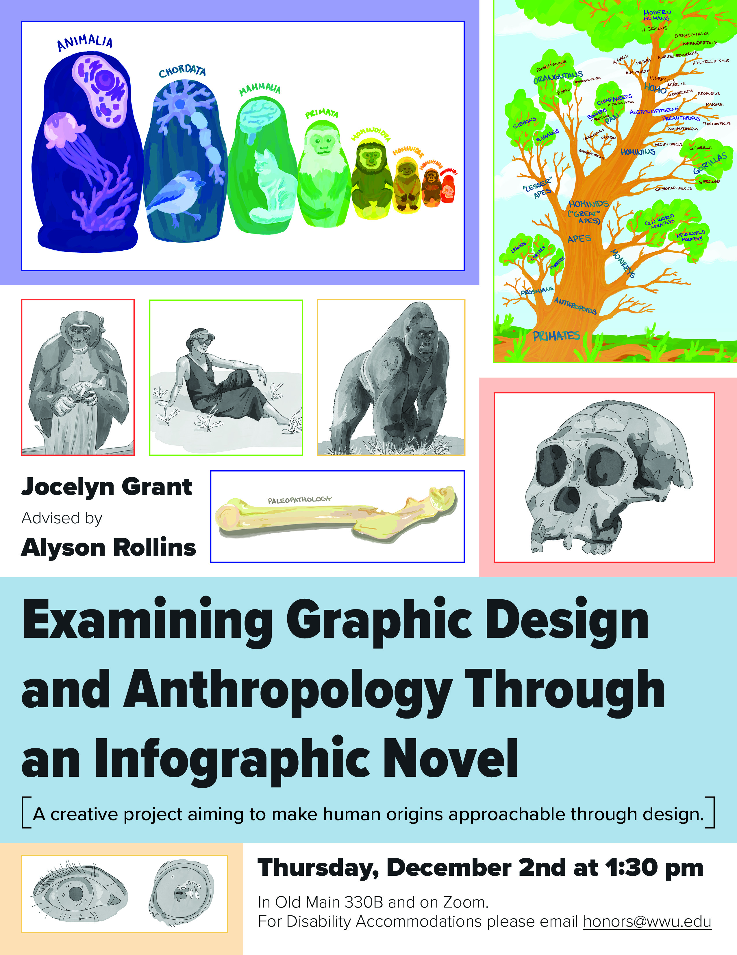 A multicolor poster with illustrations of primates and illustrative diagrams in color and black and white. The text reads: “Examining Graphic Design and Anthropology Through an Infographic Novel. A creative project aiming to make human origins approachable through design. By Jocelyn Grant, Advised by Alyson Rollins, Thursday, December 2nd at 1:30 pm in OM330B or on Zoom, For Disability Accommodations please email honors@wwu.edu” 