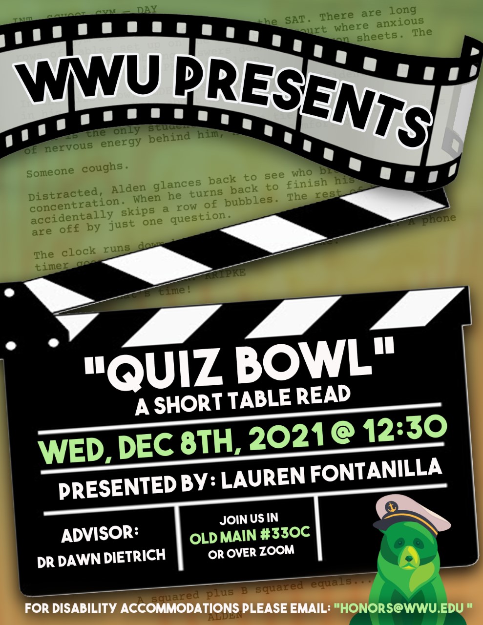 A poster with movie imagery. The text reads: "WWU Presents: "Quiz Bowl" A Short Table Read. Wednesday, December 8th, 2021 at 12:30. Presented by: Lauren Fontanilla. Advisor: Dr. Dawn Dietrich. Join us in Old Main #330C or over zoom. For disability accommodations please email honors@wwu.edu" 