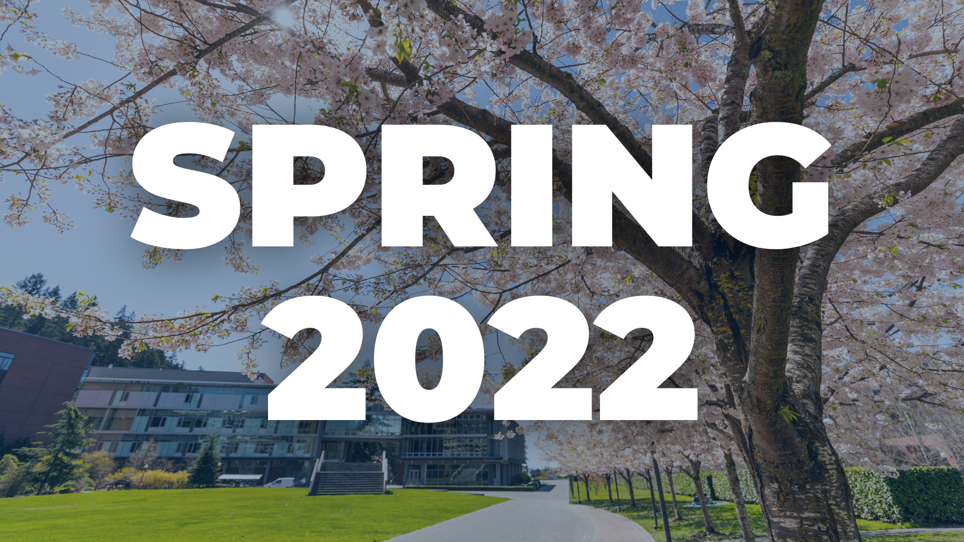 "Spring 2022" is printed over an image of south campus in the spring