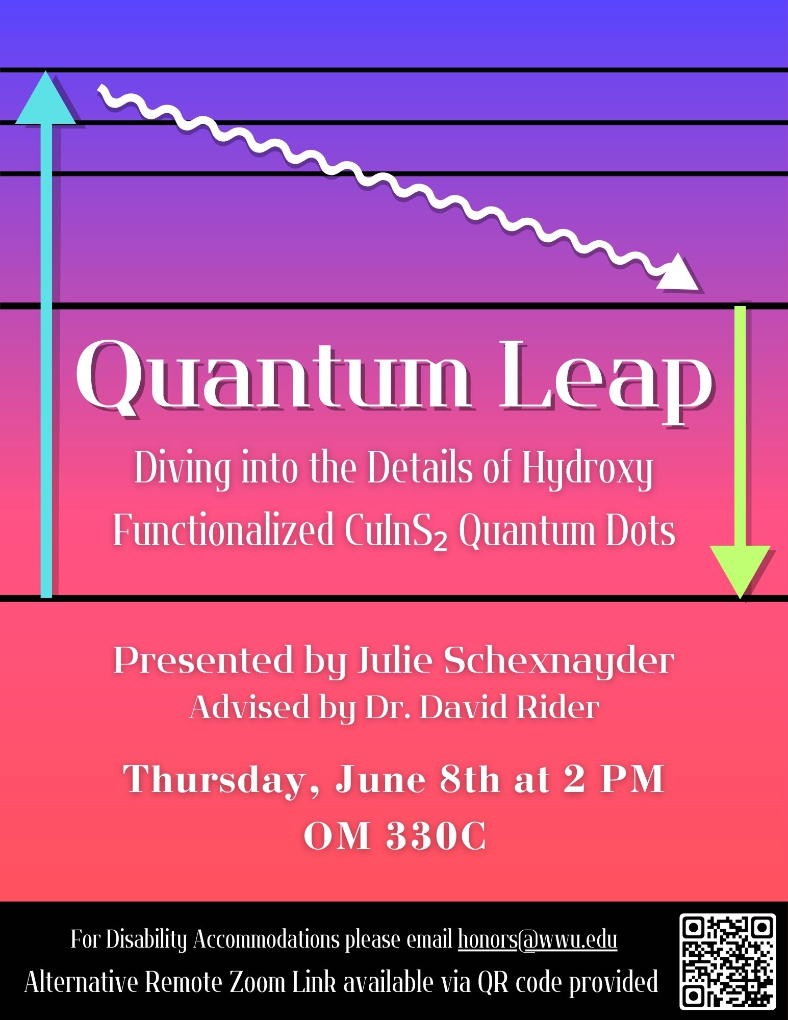 A poster with a blue to pink gradient, and two arrows pointing up and down connected by a swirly arrow. A QR code is on the bottom. Text reads: "Quantum Leap: Diving into the Details of Hydroxy Functionalized CulnS2 Quantum Dots. Presented by Julie Schexnayder, Advised by Dr. David Rider. Thursday, June 8 at 2pm. OM330C. For disability accommodations please email honors@wwu.edu. Alternative remote zoom link available via QR code provided."