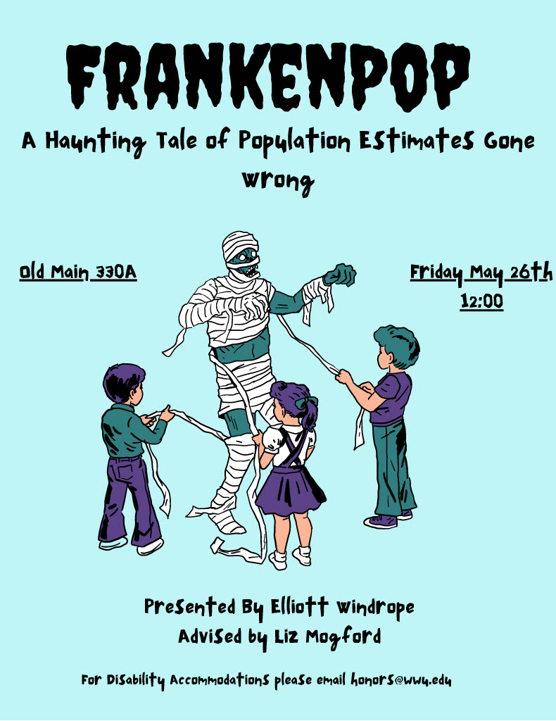 A poster with a light teal background and an image of three kids unraveling the wrapping of a mummy. Text reads: "Frankenpop, a haunting tale of population estimates gone wrong. Old Main 330A and Friday, May 26th 12:00. Presented by Elliott Windrope, Advised by Liz Mogford. For disability accommodations please email honors@wwu.edu."