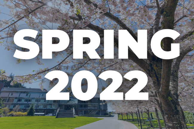 "Spring 2022" is printed over an image of south campus in the spring