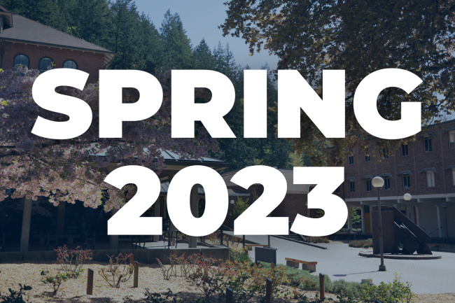 "Spring 2023" is printed over an image of the Old Main rose garden in the spring