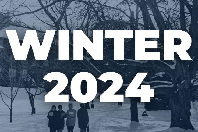 Winter 2024; students walking through snowy campus