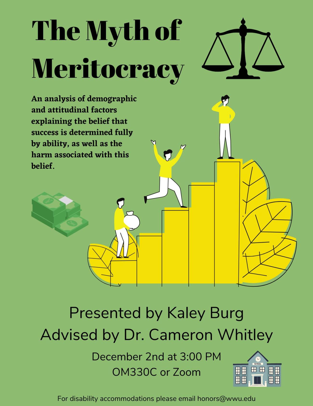 A green background with an image of yellow steps with a person running up them. Images of money, a school, and a scale in the background. Text stating “The Myth of Meritocracy” “An analysis of demographic and attitudinal factors explaining the belief that success is determined fully by ability, as well as the harm associated with this belief” “Presented by Kaley Burg Advised by Dr. Cameron Whitley” “December 2nd at 3:00 PM OM330C or Zoom” “For disability accommodations please email honors@wwu.edu”