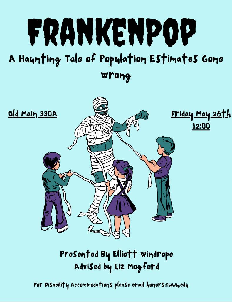 A poster with a light teal background and an image of three kids unraveling the wrapping of a mummy. Text reads: "Frankenpop, a haunting tale of population estimates gone wrong. Old Main 330A and Friday, June 26th 12:00. Presented by Elliott Windrope, Advised by Liz Mogford. For disability accommodations please email honors@wwu.edu."