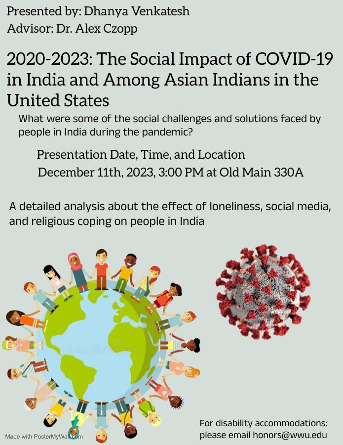 Text reads "2020-2023: The Social Impact of COVID-19 in India and Among Asian Indians in the United States. What were some of the social challenges and solutions faced by people in India during the pandemic? A detailed analysis about the effect of loneliness, social media, and religious coping on people in India. Presented by: Dhanya Venkatesh, Advised by: Dr. Alex Czopp. December 11th, 2023, 3:00 PM at Old Main 331. A graphic of a globe with children holding hands. On the right, an image of COVID-19