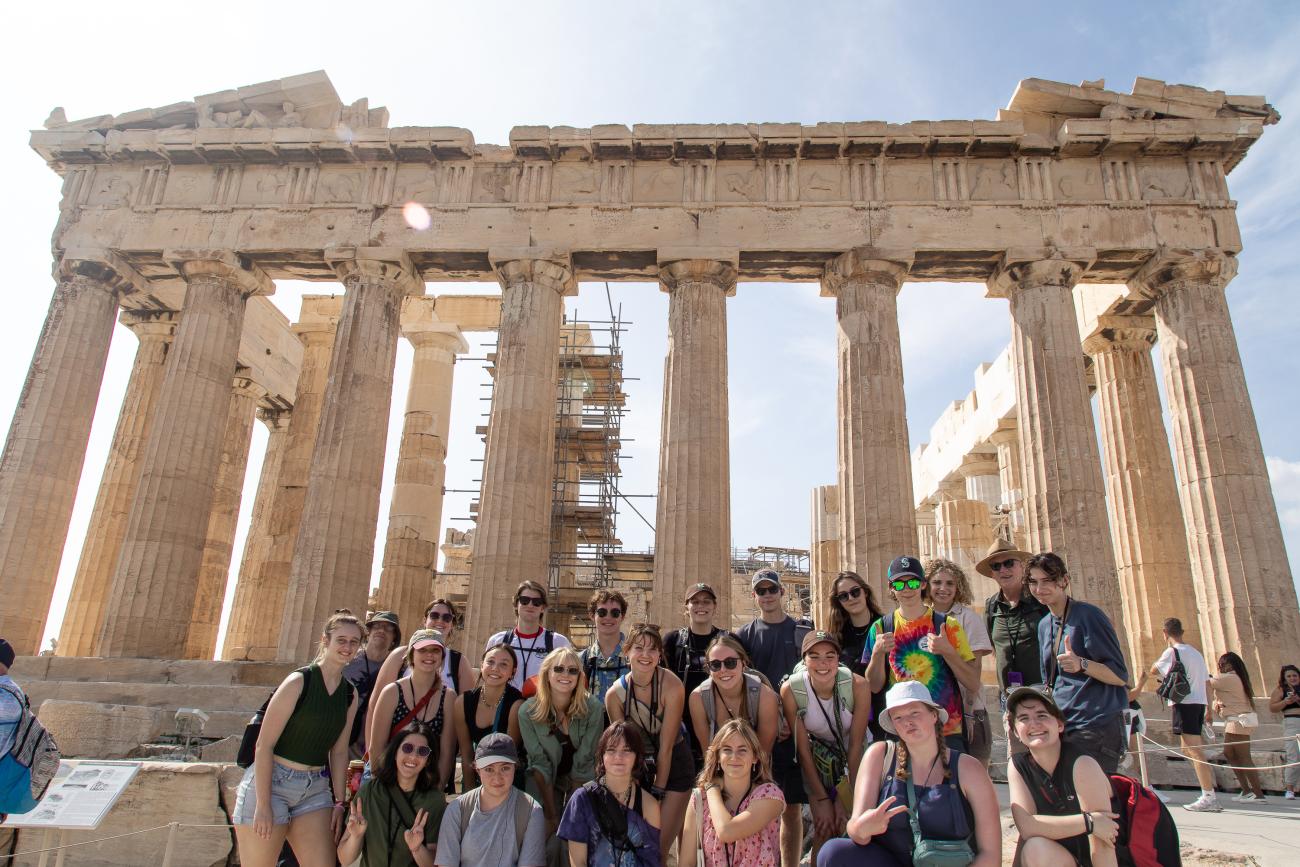 Group photo of Honors students in front of the Parthenon