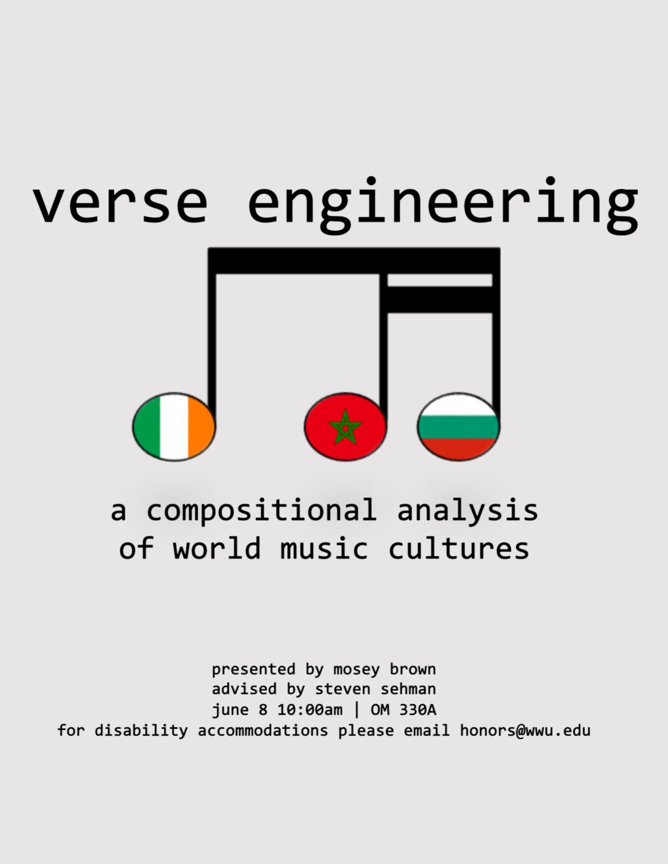 Grey background with a compound music note stylized with the Irish, Moroccan, and Bulgarian flags as note heads. Title above reads "Verse Engineering." Description below reads "a compositional analysis of world music cultures." Smaller text below reads "presented by Mosey Brown. Advised by Steven Sehman. June 8 10:00am, OM 330A. For disability accommodations, please email honors@wwu.edu."