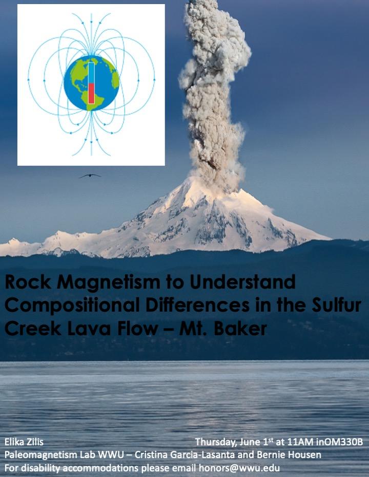 A poster with a photo of Mount Baker erupting over Bellingham Bay with small pictures of the Earth and magnetic field lines. Text reads: “Rock Magnetism to Understand Compositional Differences within the Sulfur Creek Lava Flow - Mt. Baker. Elika Zilis. Thursday, June 1st at 11Am in OM330B. Paleomagnetism Lab at WWU-- Cristina Garcia-Lasanta and Bernie Housen. For disability accommodations, please email honors@wwu.edu."