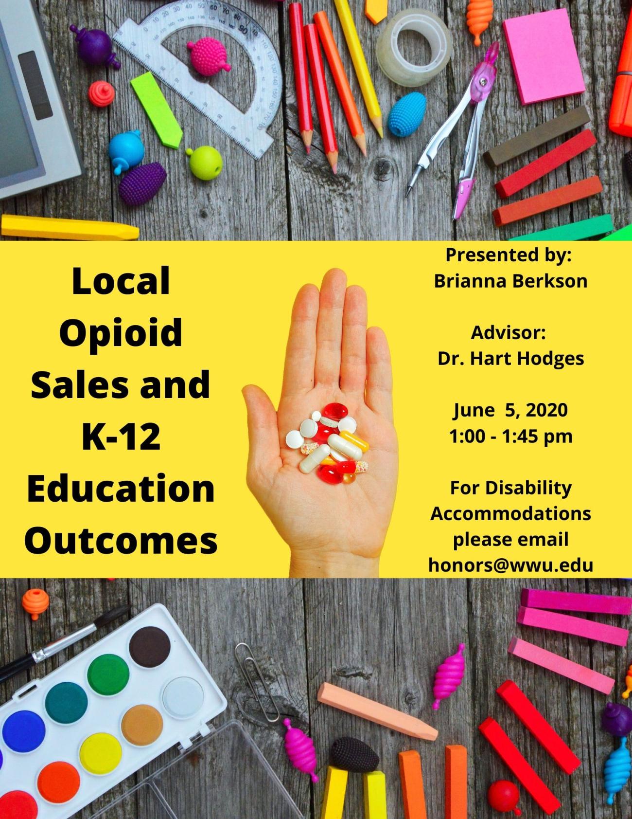 Image: A table with school supplies and a hand holding pills.  Text reads: “Local Opioid Sales and K-12 Education Outcomes.  Presented by: Brianna Berkson.  Advisor: Dr. Hart Hodges.  June 5, 2020.  1:00-1:45 pm.  For Disability Accommodations please email honors@wwu.edu”