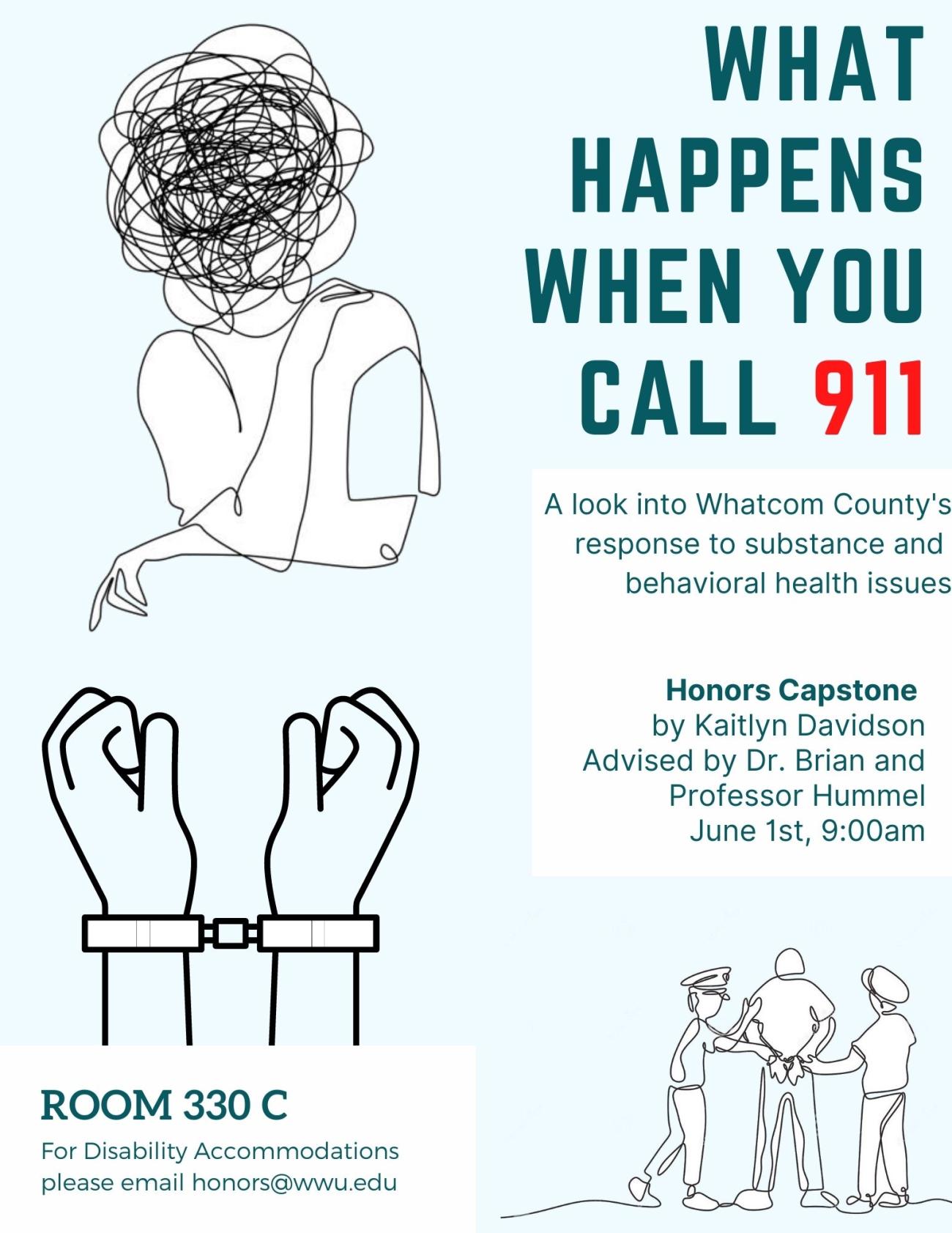 Blue background with images of a person with clipart of a scribbled confused head, hands in handcuffs, and a person being arrested. Text reads: "What happens when you call 911? A look into Whatcom County's response to substance and behavioral health issues. Honors capstone by Kaitlyn Davidson Advised by Dr. Brian and Professor Hummel, June 1st, 9:00 am. Room 330C. For disability accommodations, please email honors@wwu.edu."