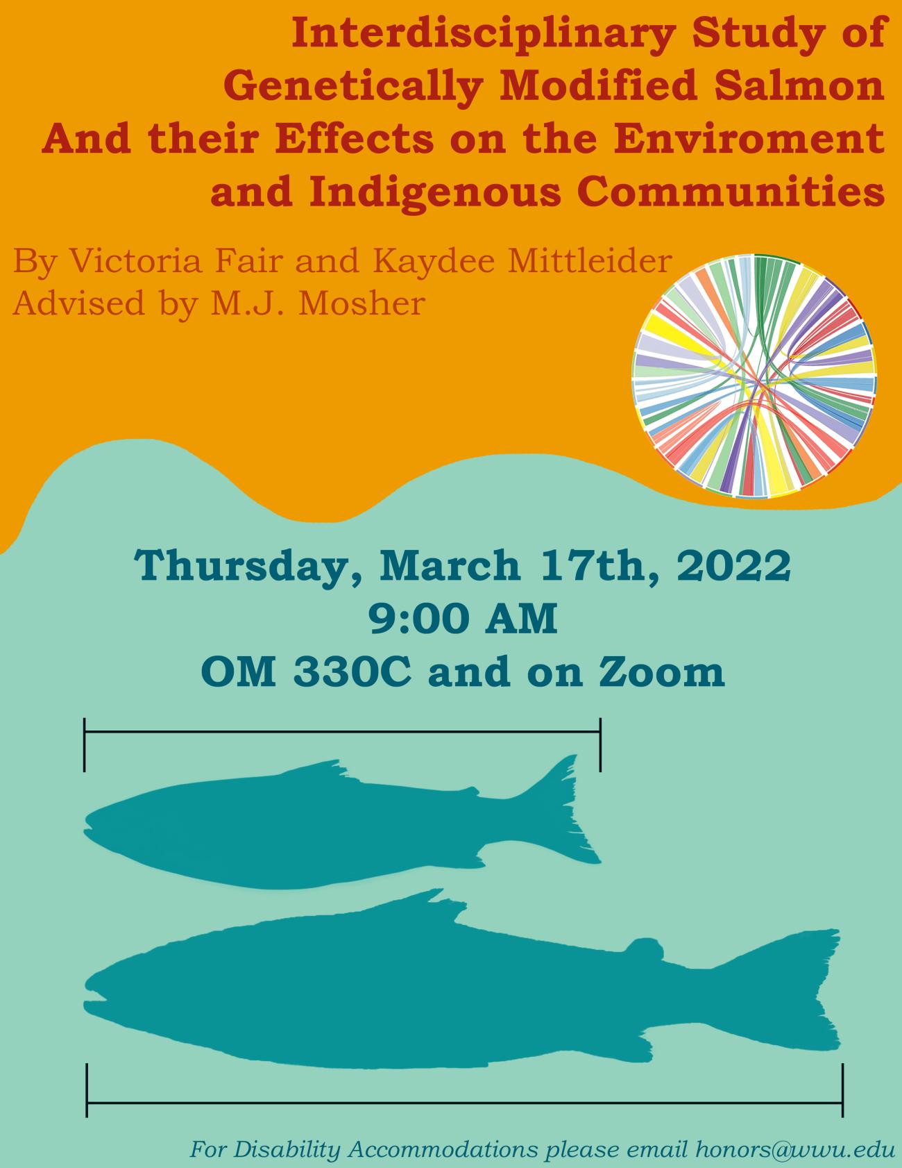 An orange and blue poster with two fish depicted of differing lengths and a genome sequencing. The text reads "Interdisciplinary Study of Genetically Modified Salmon and their Effects on the Environment and Indigenous Communities. By Victoria Fair and Kaydee Mittleider. Advised by M.J. Mosher. Thursday, March 17th, 2022. 9:00 AM. OM 330C and on Zoom. For disability accommodations, please email honors@wwu.edu"