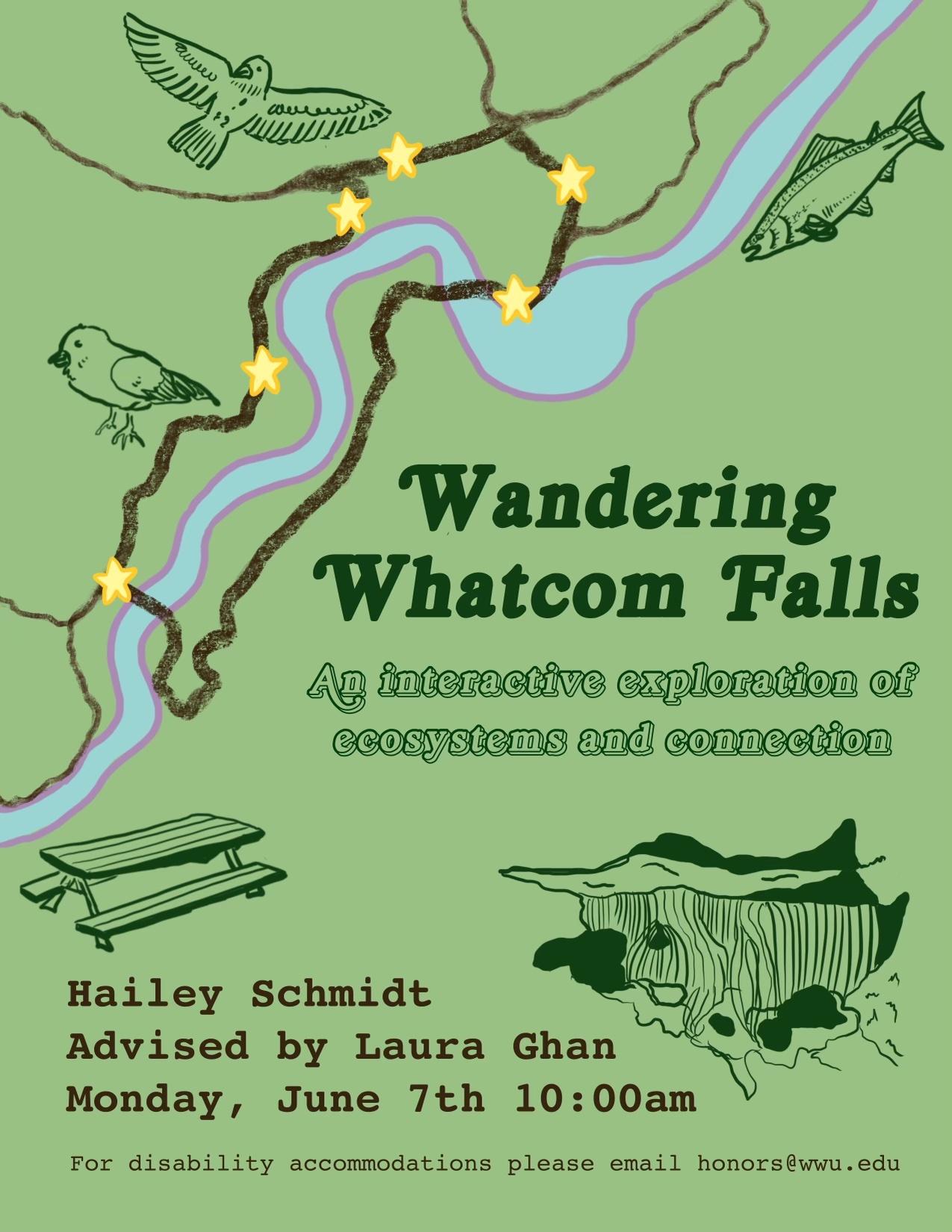 A hand-sketched map of trails around a creek with stars placed along as markers. The map is surrounded by sketches of birds, a fish, a picnic table, and a waterfall. Text reads: "Wandering Whatcom Falls: An interactive exploration of ecosystems and connection. Hailey Schmidt, advised by Laura Ghan. Monday, June 7th 10:00 am. For disability accommodations please email honors@wwu.edu". 