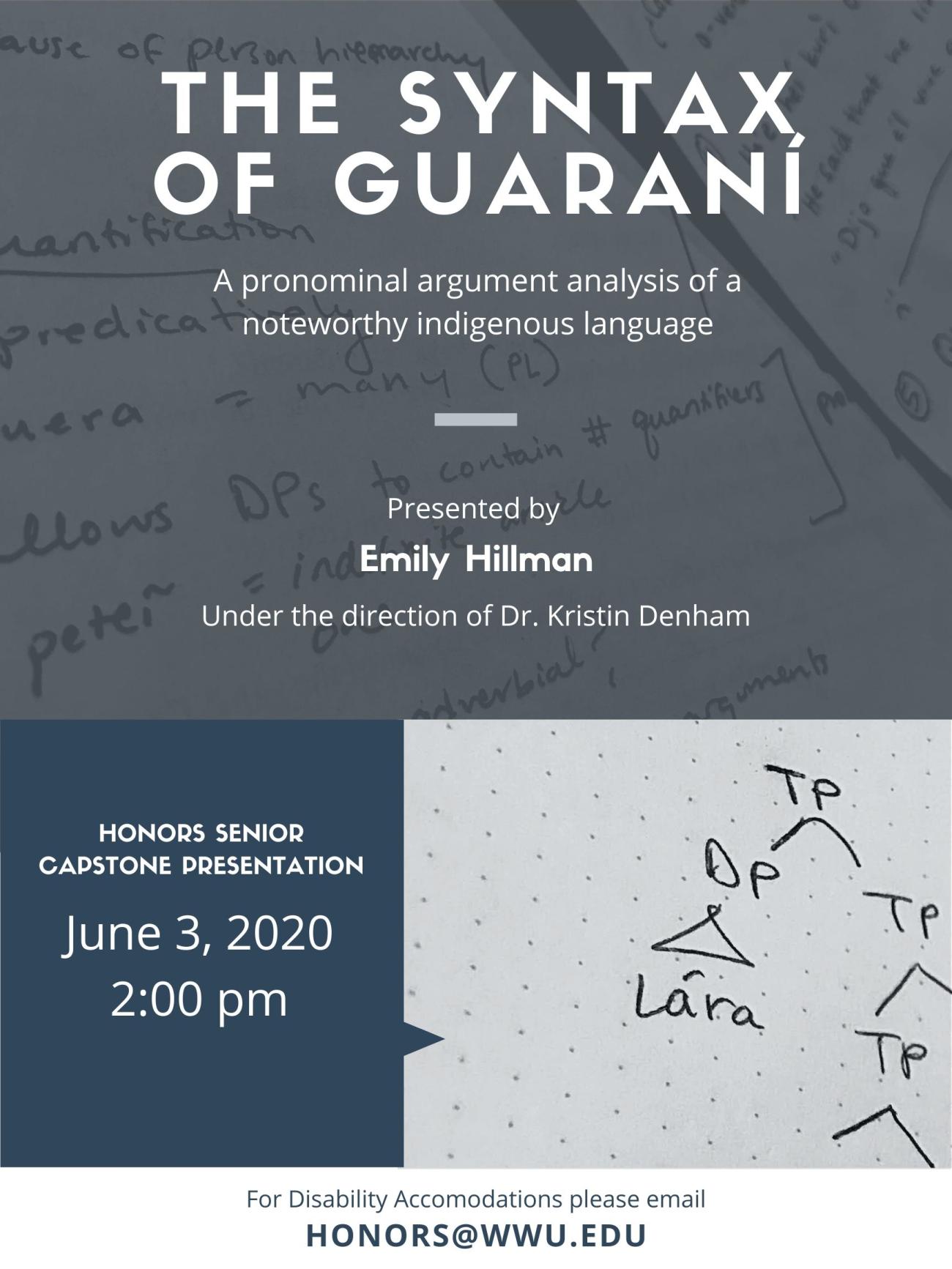 Image: 2 up-close photos of the presenter's notes on the syntax of the indigenous language Guaraní, with information on determiner quantification, the person hierarchy, and a syntax tree. Text: "The Syntax of Guaraní" "A pronominal argument analysis of a noteworthy indigenous language." "Presented by Emily Hillman, under the direction of Dr. Kristin Denham" "Honors Senior Capstone Presentation, June 3, 2020, 2:00 pm" "For Disability Accommodations please email honors@wwu.edu."