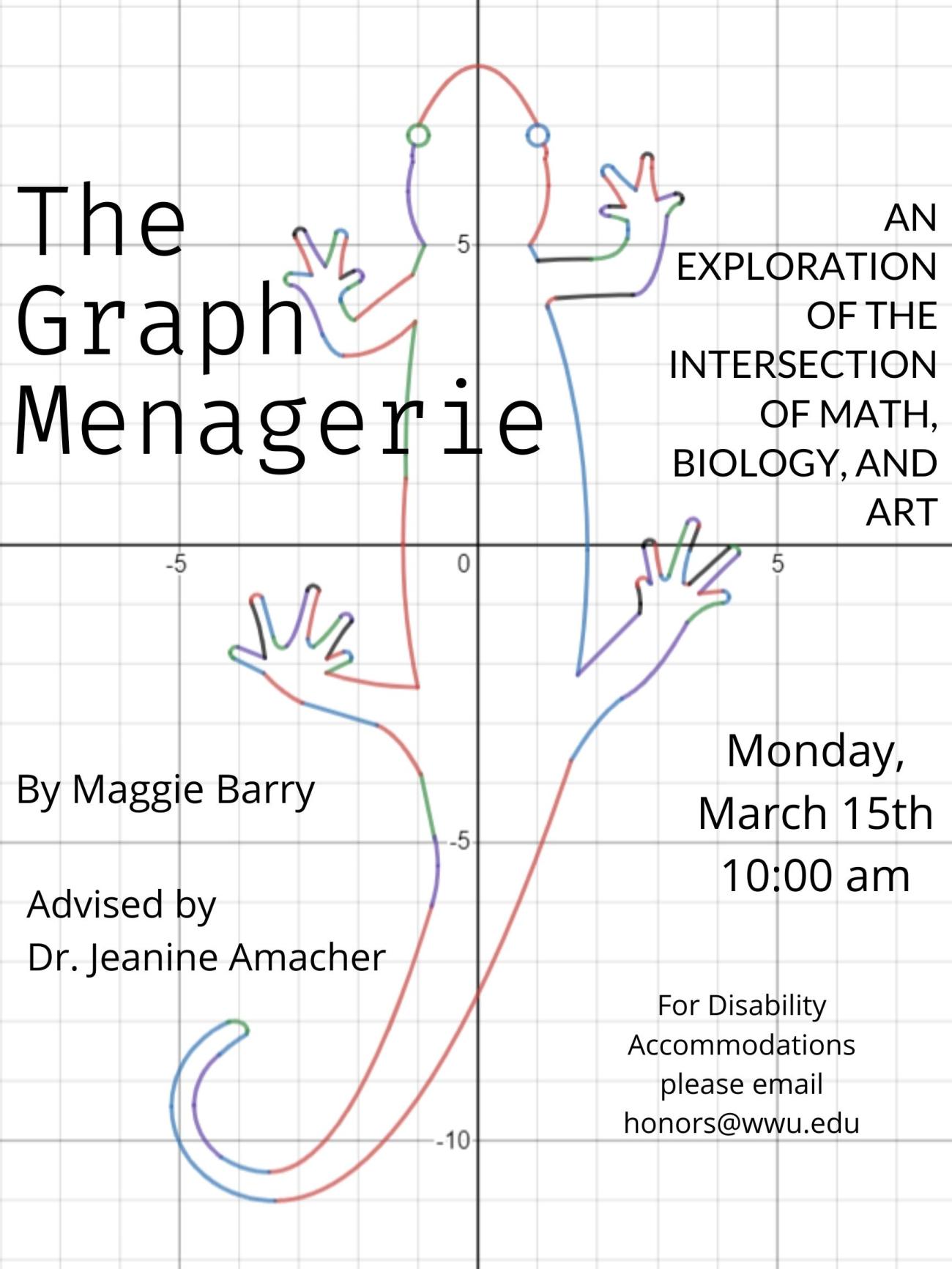 Image: An outline of a salamander made from equations on a graph. Text: "The Graph Menagerie: an exploration of the intersection of math, biology, and art. By Maggie Barry, advised by Dr. Jeanine Amacher. Monday, March 15th 10:00 am. For disability accommodations please email honors@wwu.edu"