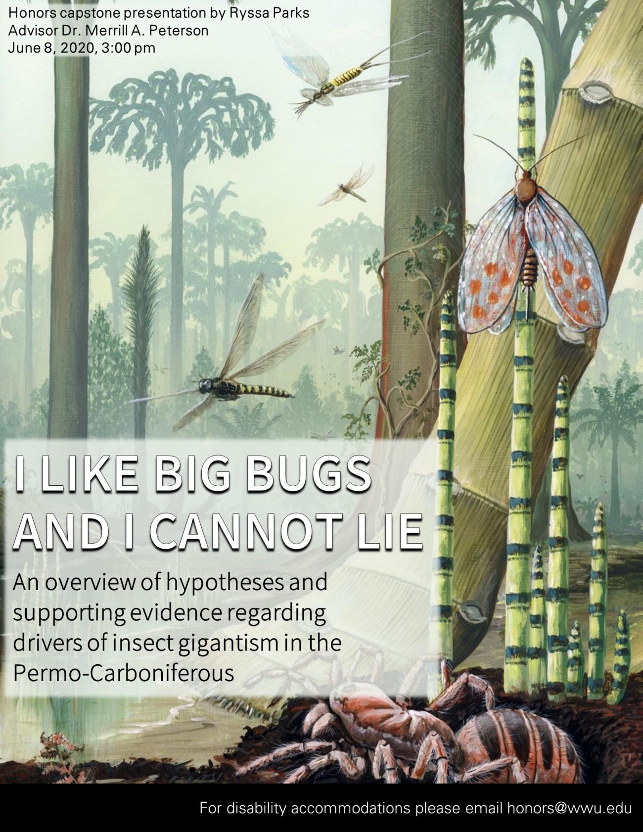 Image: Illustration of giant insects in a prehistoric-looking forest, by Richard Binzley. Text reads "I like big bugs and I cannot lie: An overview of hypotheses and supporting evidence regarding drivers of insect gigantism in the Permo-Carboniferous."  "Honors Capstone Presentation by Ryssa Parks, Advisor Dr. Merrill A. Peterson"  "June 8, 2020, 3:00pm"  "For disability accommodations please email honors@wwu.edu"