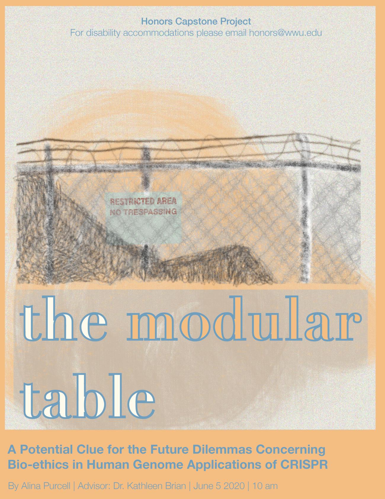 Text: "The Modular Table: A Potential Clue for the Future Dilemmas Concerning Bioethics in Human Genome Applications of CRISPR." "By Alina Purcell, Advisor: Dr. Kathleen Brian, June 5 2020 10 am." "Honors Capstone Project, for disability accommodations please email honors@wwu.edu." Image: a digital drawing of a fence with barbed wire, and some shadows behind it. The sign on the fence reads: "Restricted area, no trespassing" in all caps and in red.