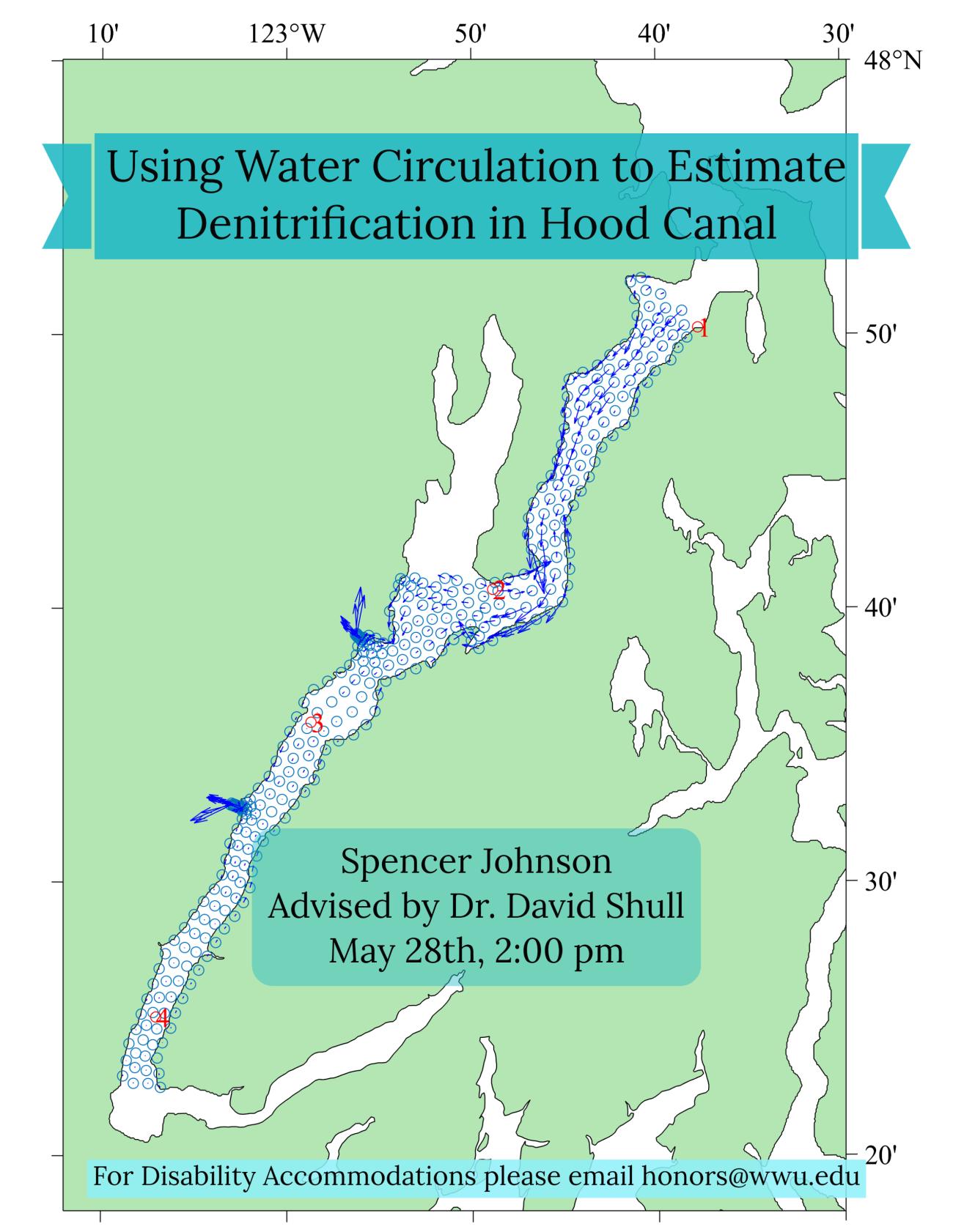 Map of Hood Canal with points spread throughout the main channel and vectors showing current strengths. Text reads: "Using Water Circulation to Estimate Denitrification in Hood Canal. Spencer Johnson, Advised by Dr. David Shull. May 28th, 2:00 pm. For disability accommodations please email honors@wwu.edu". 