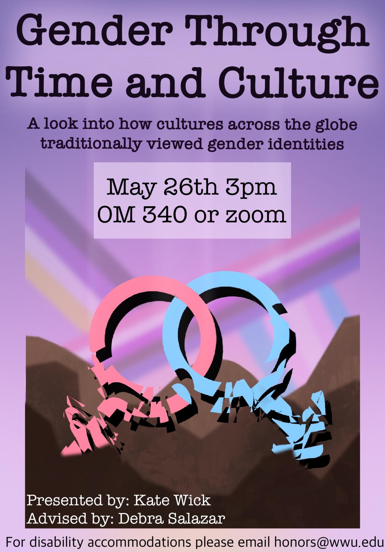 A purple poster with trans, nonbinary, and gender fluid pride flags and the disrupted symbols for male and female. Text reads: "Gender Through Time and Culture: A look into how cultures across the globe traditionally viewed gender identities. May 26th 3pm OM340 or zoom. Presented by Kate wick. Advised by Debra Salazar. For disability accommodations, please email honors@wwu.edu."