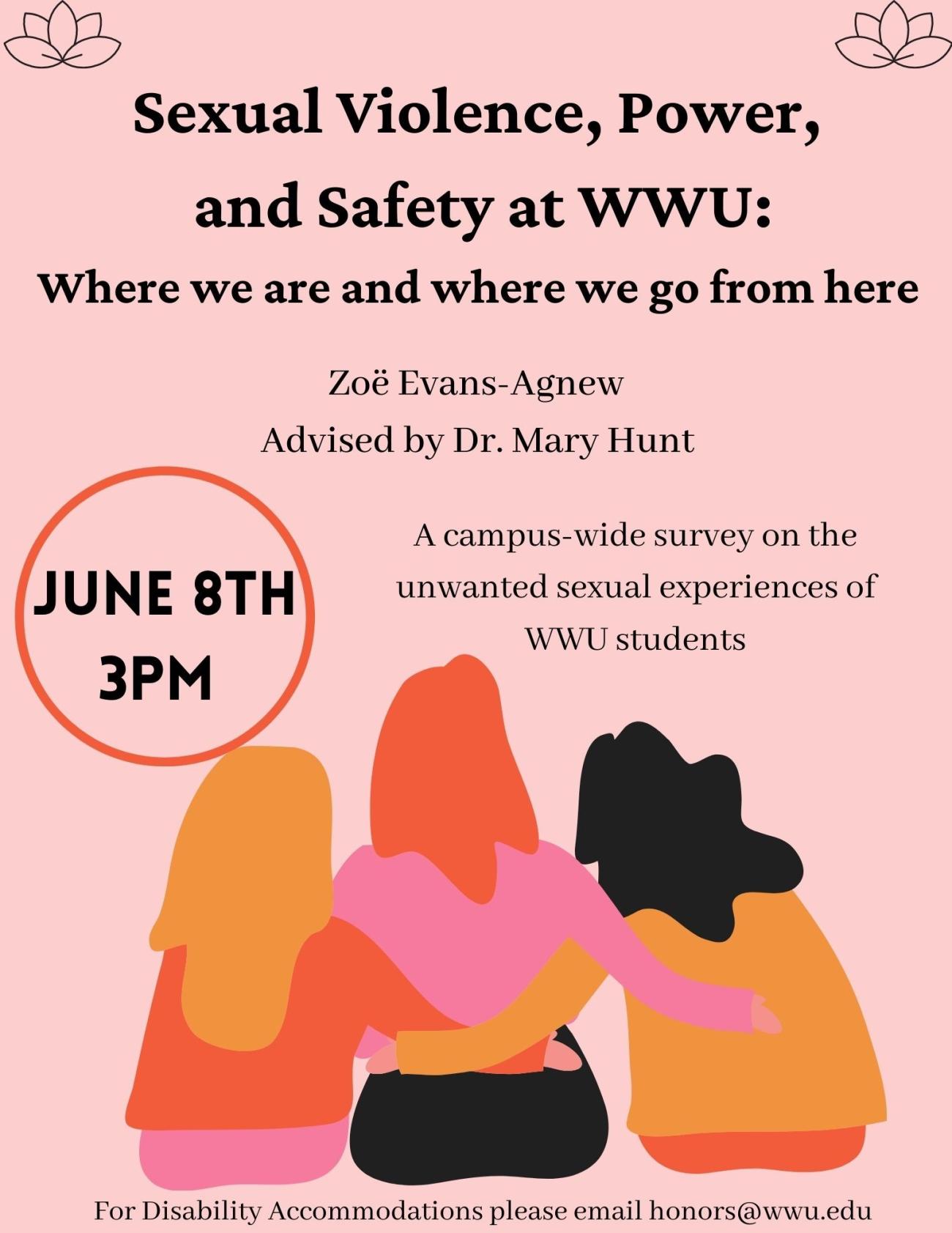 A pink background with lotus flowers at the top and 3 cartoon girls holding each other at the bottom. Description reads,  “Sexual Violence, Power, and Safety at WWU: Where we are and where we go from here.” By Zoë Evans-Agnew, Advised by Dr. Mary Hunt. A campus-wide survey on the unwanted sexual experiences of WWU students. June 8th at 3pm. For disability accommodations please contact honors@wwu.edu”.