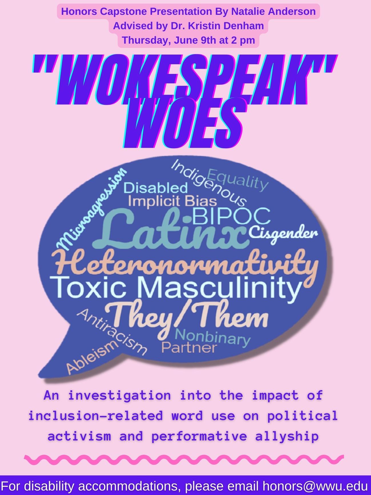 Pink background with image of a blue speech bubble filled with “politically correct” words such as: Microaggression, Disabled, Implicit Bias, Indigenous, Equality, BIPOC, Latinx, Cisgender, etc. Text reads “’Wokespeak’ Woes: An investigation into the impact of inclusion-related word use on political activism and performative allyship. Honors Capstone Presentation by Natalie Anderson. Advised by Dr. Kristin Denham. Thursday, June 9th at 2pm. For disability accommodations, please email honors@wwu.edu."