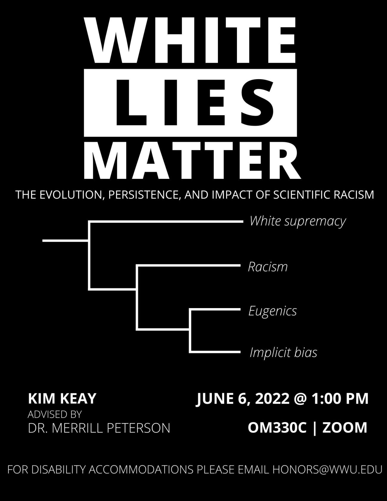 A poster with a black background and a graphic of a phylogenetic tree with four branches ending with the terms: "White supremacy," "Racism," "Eugenics," and "Implicit bias." The title reads "White Lies Matter" in all capital letters with "Lies" in black font over a white rectangle. More text reads: "The Evolution, Persistence, and Impact of Scientific Racism. Kim Keay, Advised by Dr. Merrill Peterson. June 6, 2022 @ 1:00 PM. OM330C or ZOOM. For disability accommodations please email honors@wwu.edu."