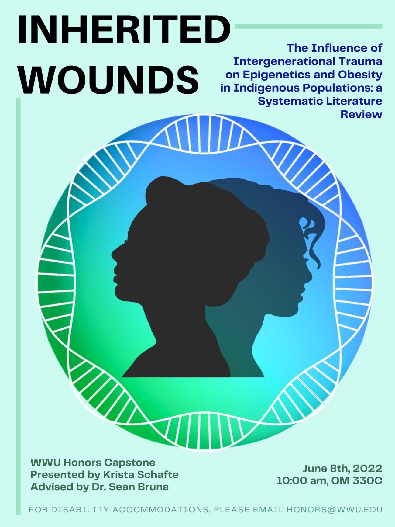 Pale green background with silhouettes of two women surrounded by a circular DNA strand. Text reads "Inherited Wounds. The Influence of Intergenerational Trauma on Epigenetics and Obesity in Indigenous Populations: a Systematic Literature Review. WWU Honors Capstone. Presented by Krista Schafte. Advised by Dr. Sean Bruna. June 8th, 2022. 10:00 am, OM 330C. For disability accommodations, please email honors@wwu.edu."