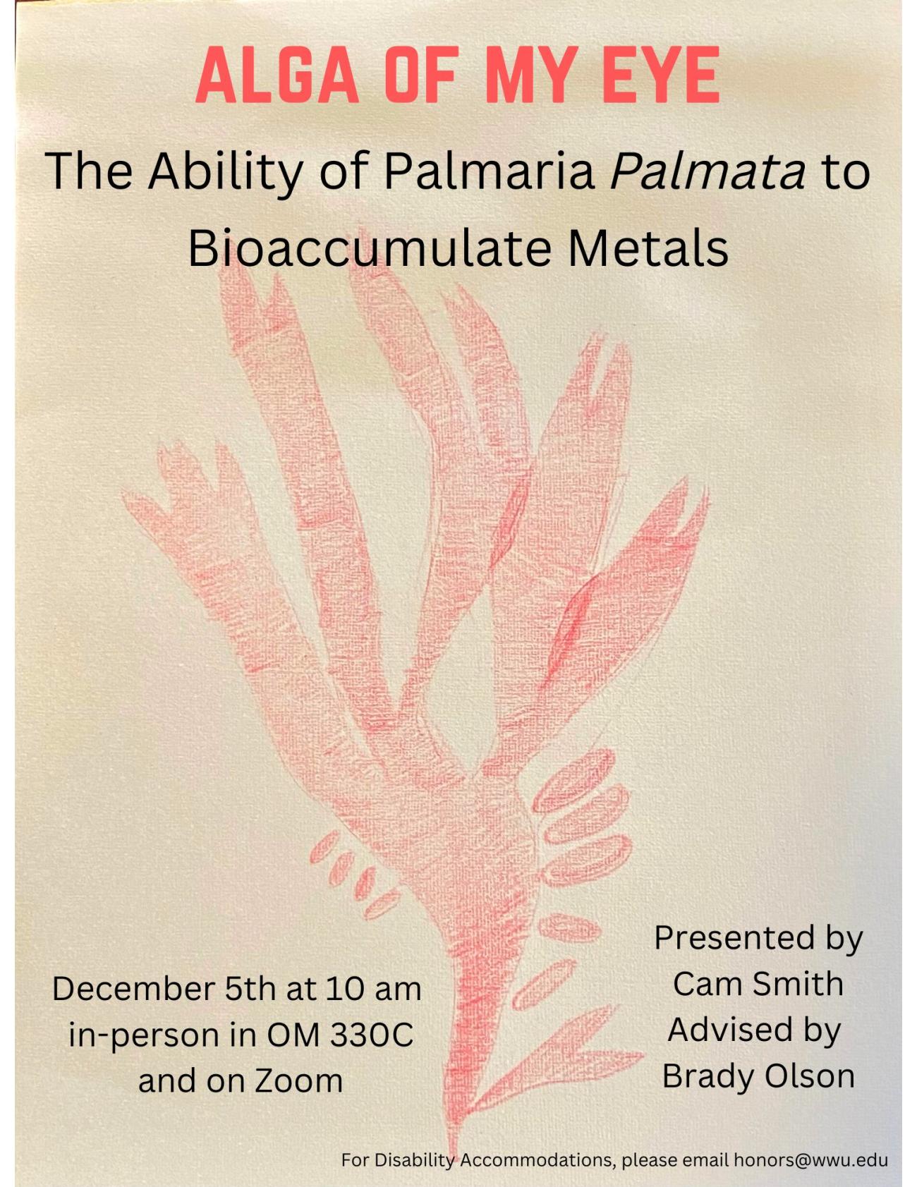 A tan poster with a red colored pencil shape drawing in the background. The text reads: "Alga of my Eye, The ability of Palmaria Palmata to Bioaccumulate Metals. December 5th at 10 am, in-person in OM330C and on Zoom. Presented by Cam Smith, Advised by Brady Olson. For Disability Accommodations, please email honors@wwu.edu."